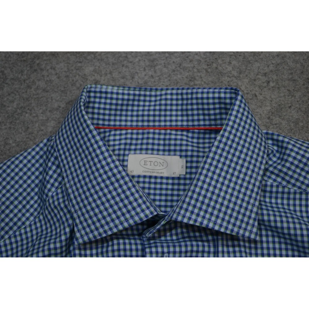 Eton Contemporary Shirt Mens 17 43 Blue Green Gingham Dress Long Sleeve Cotton